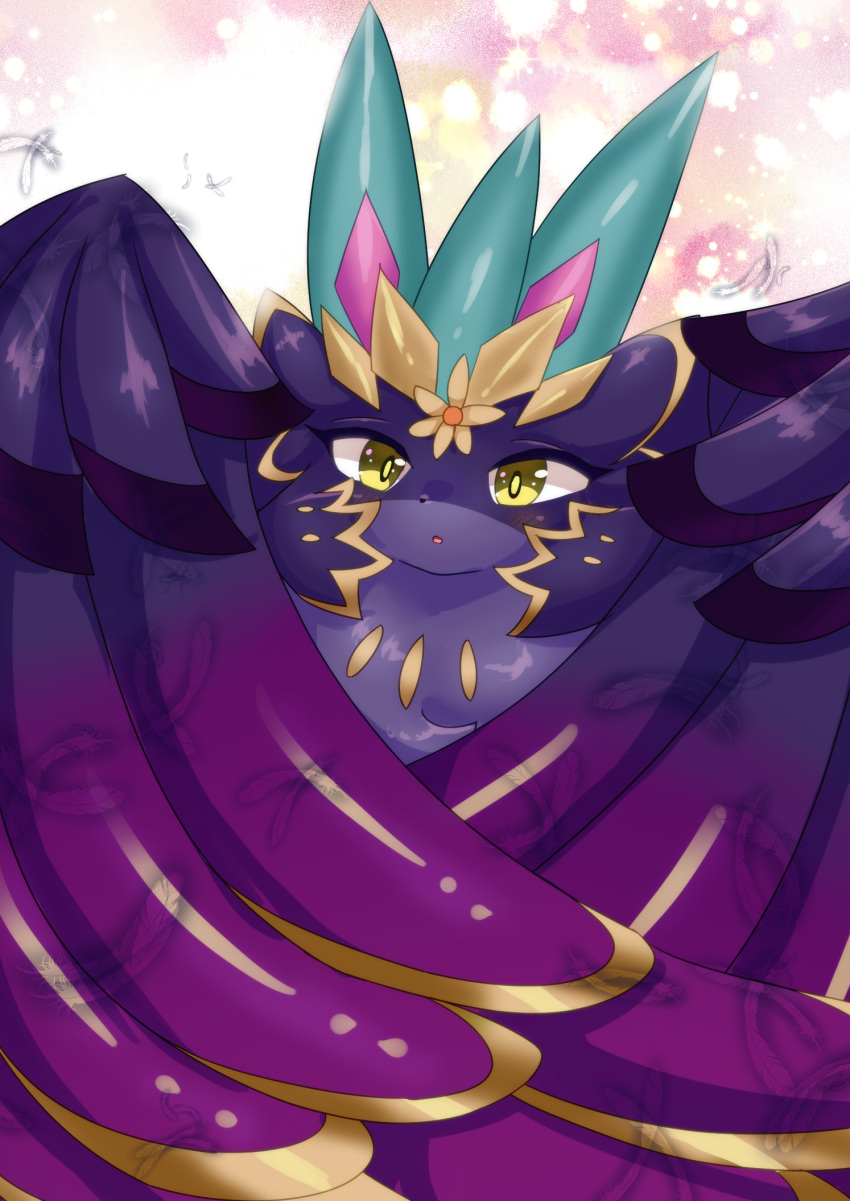 ambiguous_gender black_nose blush expurery_noir eyelashes feathers feral fur hi_res nakigara open_mouth purple_body purple_fur purple_wings solo wings yellow_eyes yu-gi-oh!