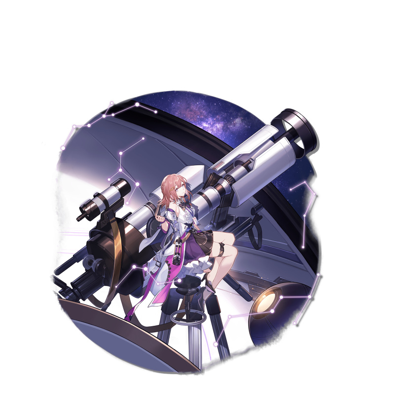 1girl absurdres asta_(honkai:_star_rail) closed_mouth full_body highres honkai:_star_rail honkai_(series) looking_at_viewer looking_back official_art pink_hair purple_eyes sitting sky smile solo star_(sky) starry_sky telescope