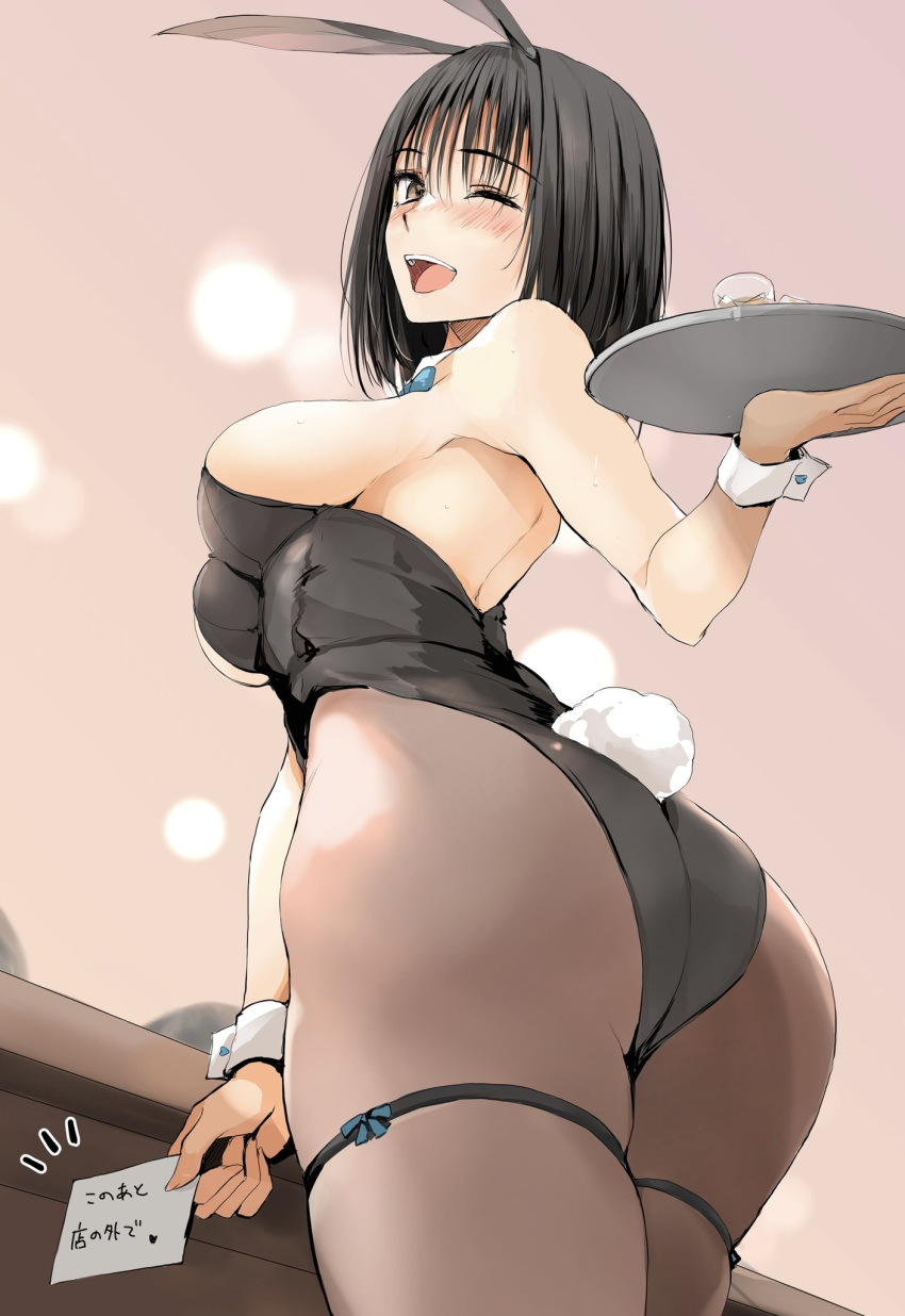 1girl :d animal_ears ass black_hair black_leotard blue_ribbon blush breasts cowboy_shot cup fake_animal_ears fake_tail from_below highres large_breasts leotard one_eye_closed open_mouth original paper playboy_bunny ribbon short_hair smile solo table tail thigh_strap tray wrist_cuffs zekkyon