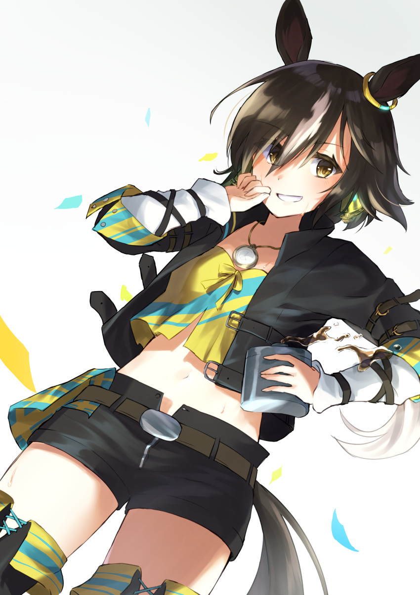 1girl :d absurdres ameria_(artist) animal_ears bangs belt black_jacket black_shorts brown_hair confetti crop_top flask grey_background grin hair_over_one_eye highres holding horse_ears horse_girl horse_tail jacket looking_at_viewer midriff navel open_mouth short_hair shorts simple_background smile solo stopwatch_around_neck tail teeth umamusume vodka_(umamusume) yellow_eyes yellow_shorts