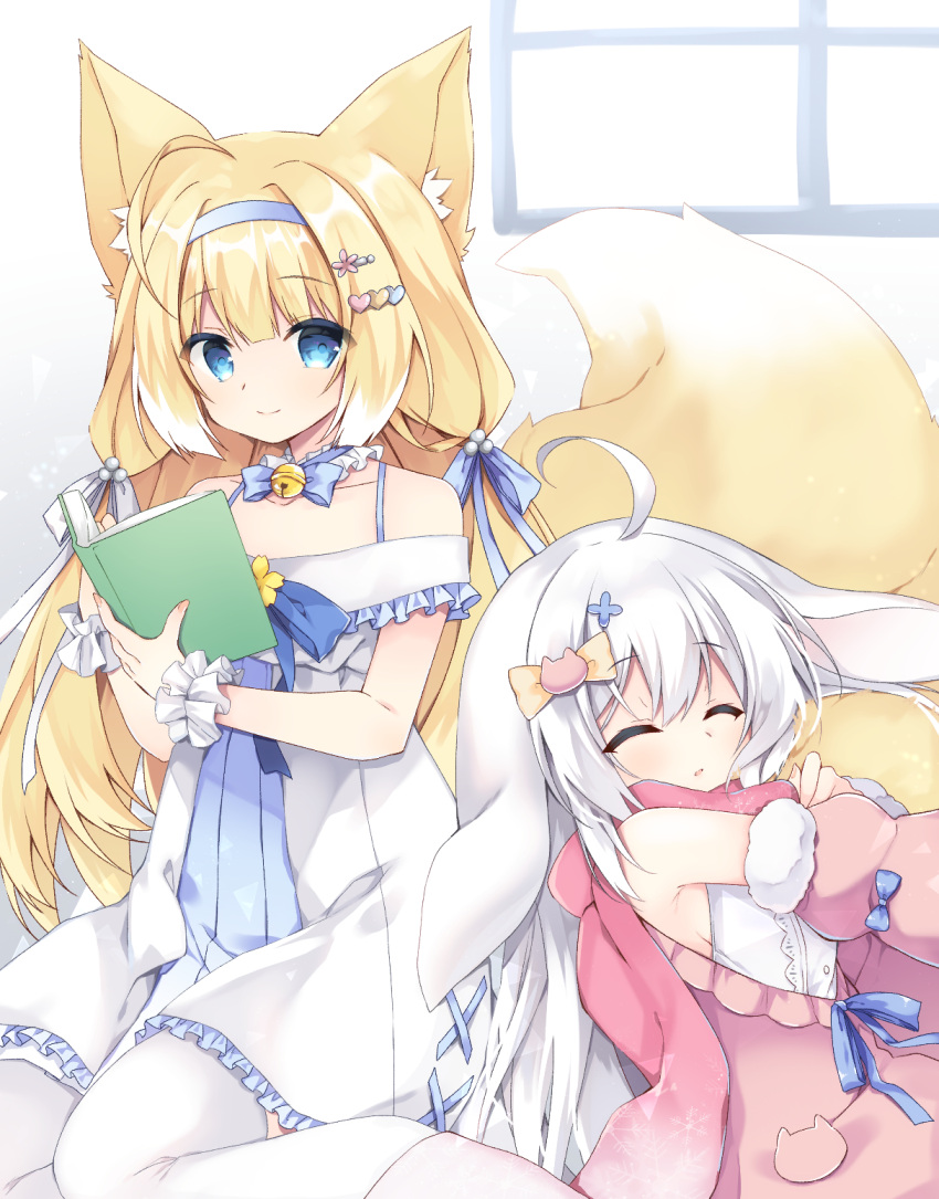 2girls ahoge animal_ear_fluff animal_ears bangs bare_shoulders bell blonde_hair blue_bow blue_eyes book bow cat_hair_ornament closed_eyes closed_mouth commentary_request commission detached_sleeves dress floppy_ears fox_ears fox_girl fox_tail frilled_dress frills fur-trimmed_sleeves fur_trim hair_between_eyes hair_bow hair_ornament hairclip heart heart_hair_ornament highres holding holding_book jacket jingle_bell juliet_sleeves long_hair long_sleeves lying multiple_girls nail_polish neck_bell off-shoulder_dress off_shoulder on_side open_book original parted_lips pink_jacket pink_sleeves puffy_sleeves purinpurin rabbit_ears red_nails sitting skeb_commission sleeping smile tail thighhighs very_long_hair wariza white_dress white_hair white_thighhighs wrist_cuffs yellow_bow
