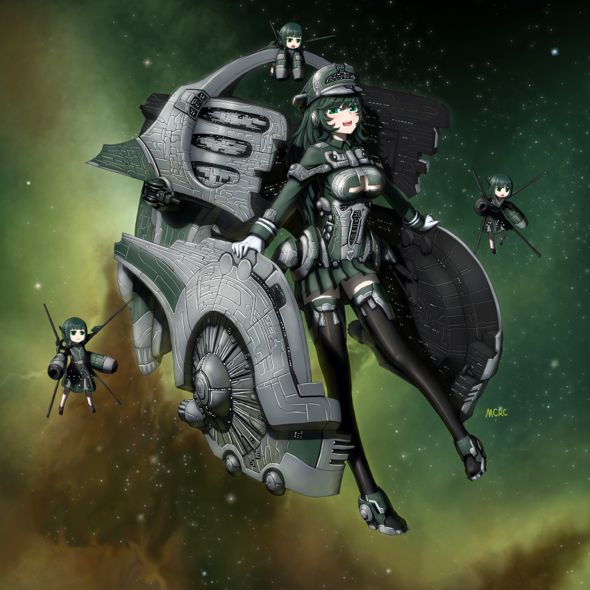 4girls absurdres aiming aiming_at_viewer aircraft_carrier arm_cannon armored_boots artist_name battleship black_dress black_footwear black_thighhighs boots breasts cannon carrier chibi cleavage closed_mouth commentary dark_green_hair dress drone eve_online full_body gallente_federation_(eve_online) gloves glowing green_dress green_eyes green_footwear green_hair green_headwear green_skirt gun hair_between_eyes highres long_hair long_legs long_sleeves machinery mcrc_science mecha_musume medium_breasts military military_vehicle miniskirt multicolored_clothes multicolored_dress multiple_girls nebula open_mouth original outdoors outstretched_arm personification pleated_skirt science_fiction ship short_hair skirt sky smile space spacecraft star_(sky) starry_sky thighhighs thighs thrusters tongue turret v-shaped_eyebrows warship watercraft weapon white_gloves