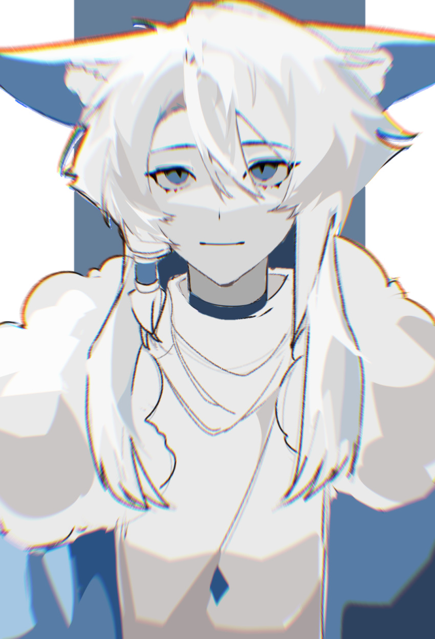 1boy animal_ears bishounen blue_eyes chromatic_aberration fox_boy fox_ears highres looking_at_viewer low_ponytail low_tied_hair male_focus original_(sky:_children_of_the_light) sky:_children_of_the_light slit_pupils solo sui0265616