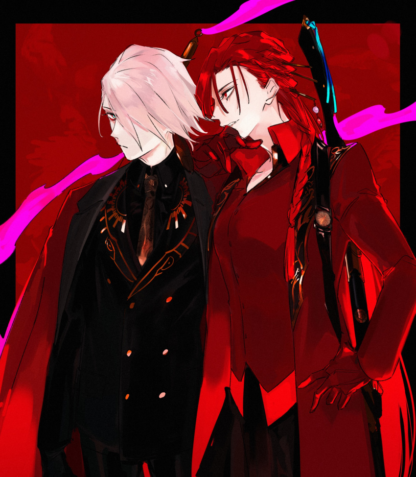 1boy 1girl aqua_eyes black_border black_jacket black_pants black_shirt black_suit border braid brown_necktie buttons closed_mouth coat coat_on_shoulders collared_shirt cowboy_shot ddlcclia double-breasted expressionless fate/grand_order fate_(series) formal gloves hair_ornament hair_over_one_eye hair_stick hand_on_hip hand_on_own_chin highres jacket karna_(fate) karna_(formal_dress)_(fate) long_hair looking_at_viewer looking_to_the_side necktie oda_nobunaga_(fate) oda_nobunaga_(maou_avenger)_(fate) open_collar pants parted_lips pink_hair pink_ribbon red_background red_coat red_eyes red_gloves red_hair red_shirt ribbon shirt short_hair side_braid suit weapon weapon_on_back