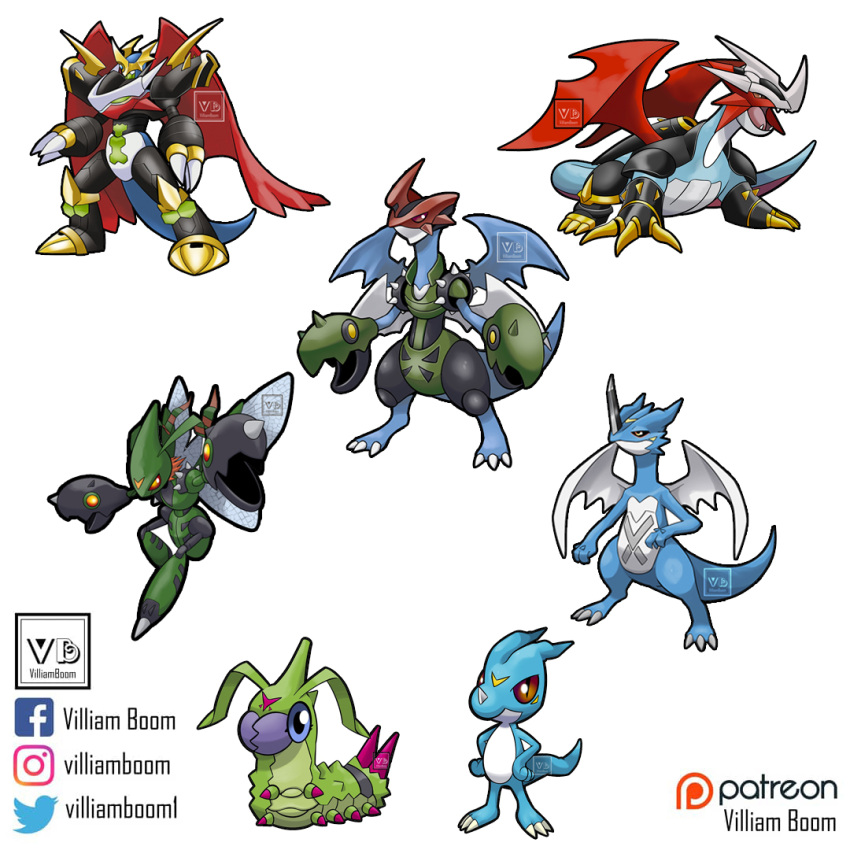 armor artist_name black_eyes blue_sclera blue_skin claws colored_sclera colored_skin digimon digimon_(creature) dinosaur exveemon facebook_logo fangs full_body fusion green_skin horns imperialdramon imperialdramon_fighter_mode instagram_logo open_mouth orange_sclera paildramon pokemon pokemon_(creature) salamence sceptile scizor shoulder_armor simple_background single_horn slit_pupils standing stingmon tail teeth treecko twitter_logo veemon villiam_boom watermark white_background wings wormmon