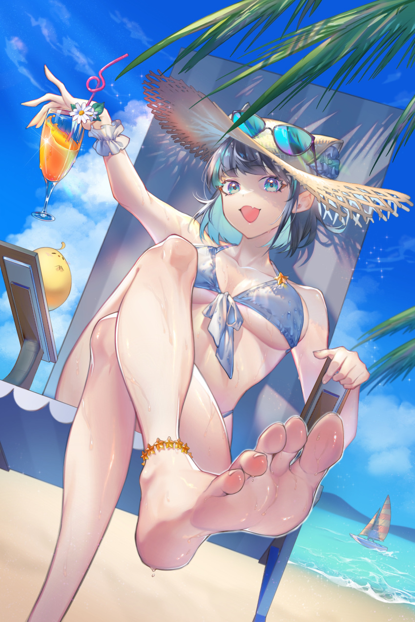 absurdres animal_ears arm_up azur_lane beach bikini blue_eyes breasts cheshire_(azur_lane) crossed_legs cup eyewear_on_headwear fake_animal_ears feet foot_focus front-tie_bikini front-tie_top grey_hair hat highres holding holding_cup kestie_choi large_breasts manjuu_(azur_lane) multicolored_hair sitting soles strapless strapless_bikini streaked_hair sun_hat sunglasses swimsuit toes two-tone_hair