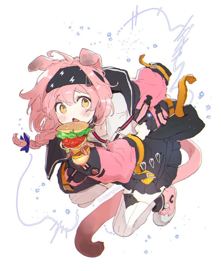1girl animal_ears arknights bacon bangs black_hairband black_skirt blue_bow blush bow braid burger cat_ears cat_girl cat_tail character_name dal-gi dressing floating floppy_ears food full_body garter_straps goldenglow_(arknights) hair_bow hairband highres holding holding_clothes holding_jacket id_card jacket lettuce lightning_bolt_print looking_at_viewer onion open_mouth pink_footwear pink_hair shoes side_braid simple_background skirt sneakers solo tail thighhighs triangle_mouth white_background white_thighhighs yellow_eyes