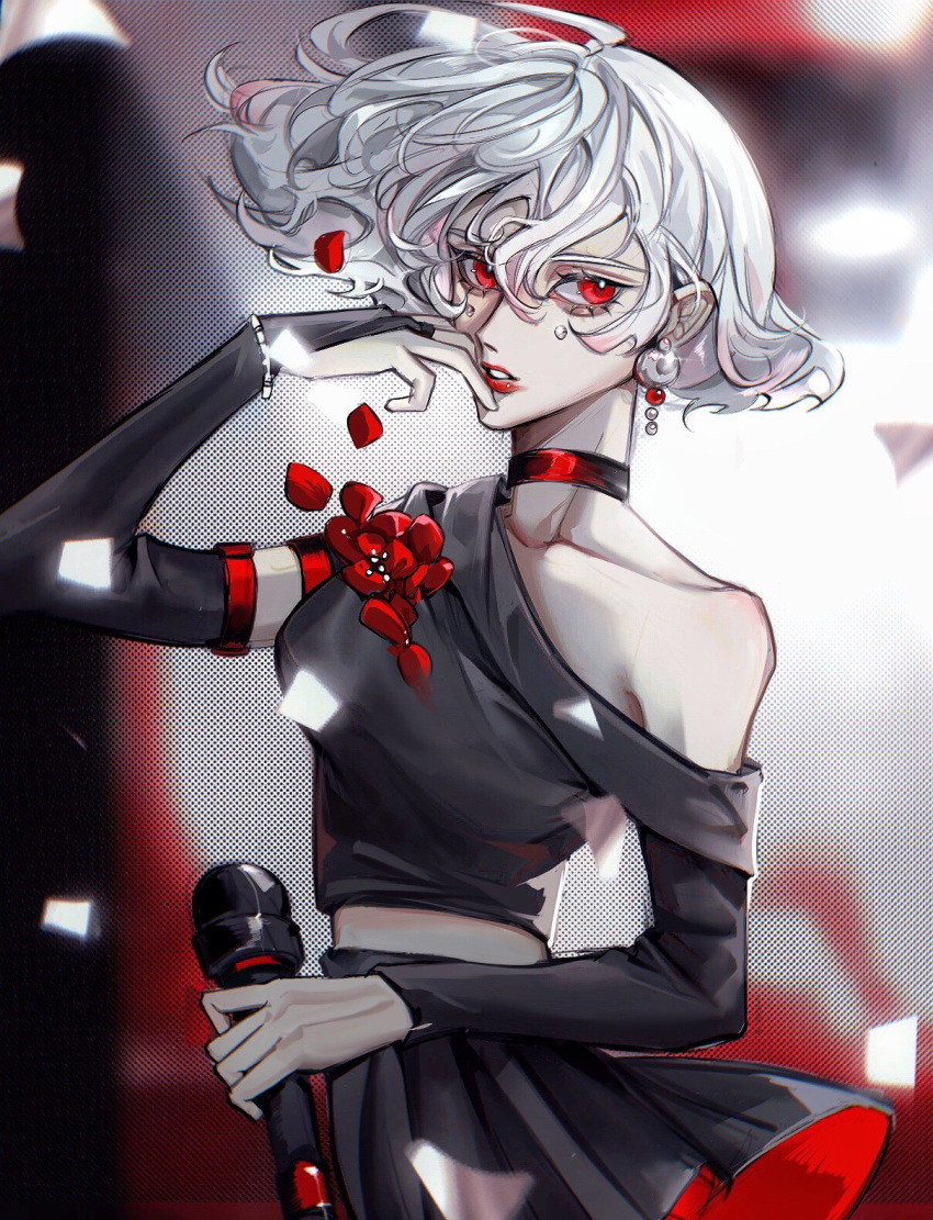 1girl bob_cut choker crop_top daleth_(sky:_children_of_the_light) earrings grey_hair highres inverted_bob jewelry red_choker red_eyes short_hair sky:_children_of_the_light solo white_hair xiaoniaodenanpiao