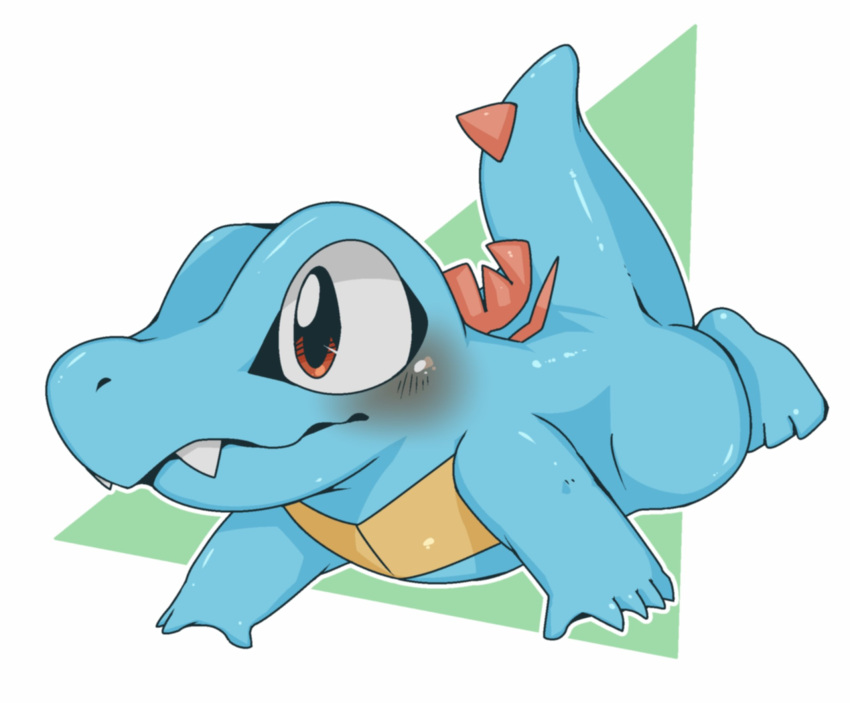 blue_body blush claws doneru fangs floating generation_2_pokemon hi_res lying nintendo on_front pok&eacute;mon pokemon_(species) simple_background solo spine totodile video_games