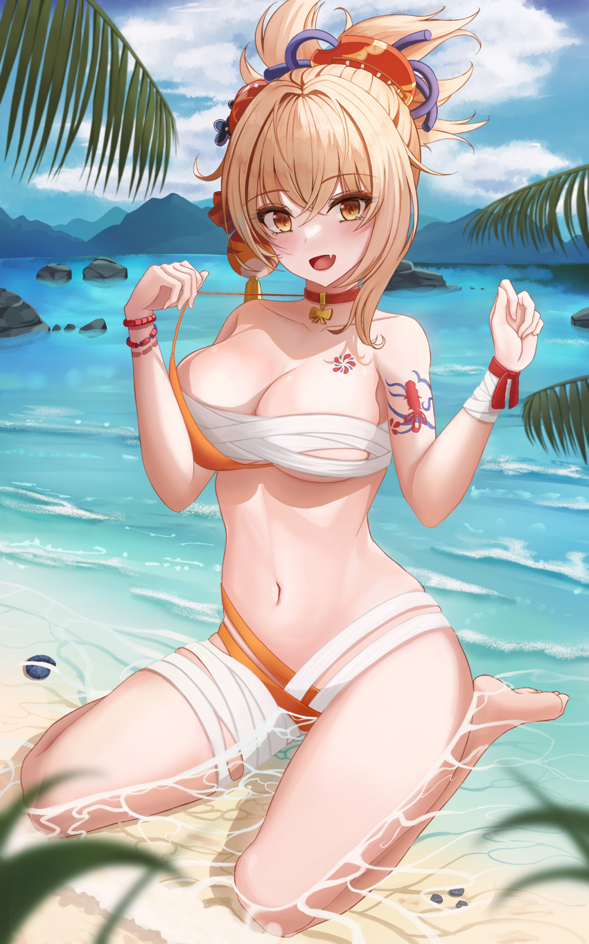1girl :d absurdres bare_shoulders barefoot beach bead_bracelet beads blonde_hair bracelet breasts budget_sarashi chest_tattoo choker cleavage day fang genshin_impact hair_ornament hands_up highres jewelry large_breasts long_hair looking_at_viewer navel open_mouth orange_eyes outdoors ponytail red_choker sarashi shoulder_tattoo smile solo stomach tattoo thighs water whoing_x2 yoimiya_(genshin_impact)
