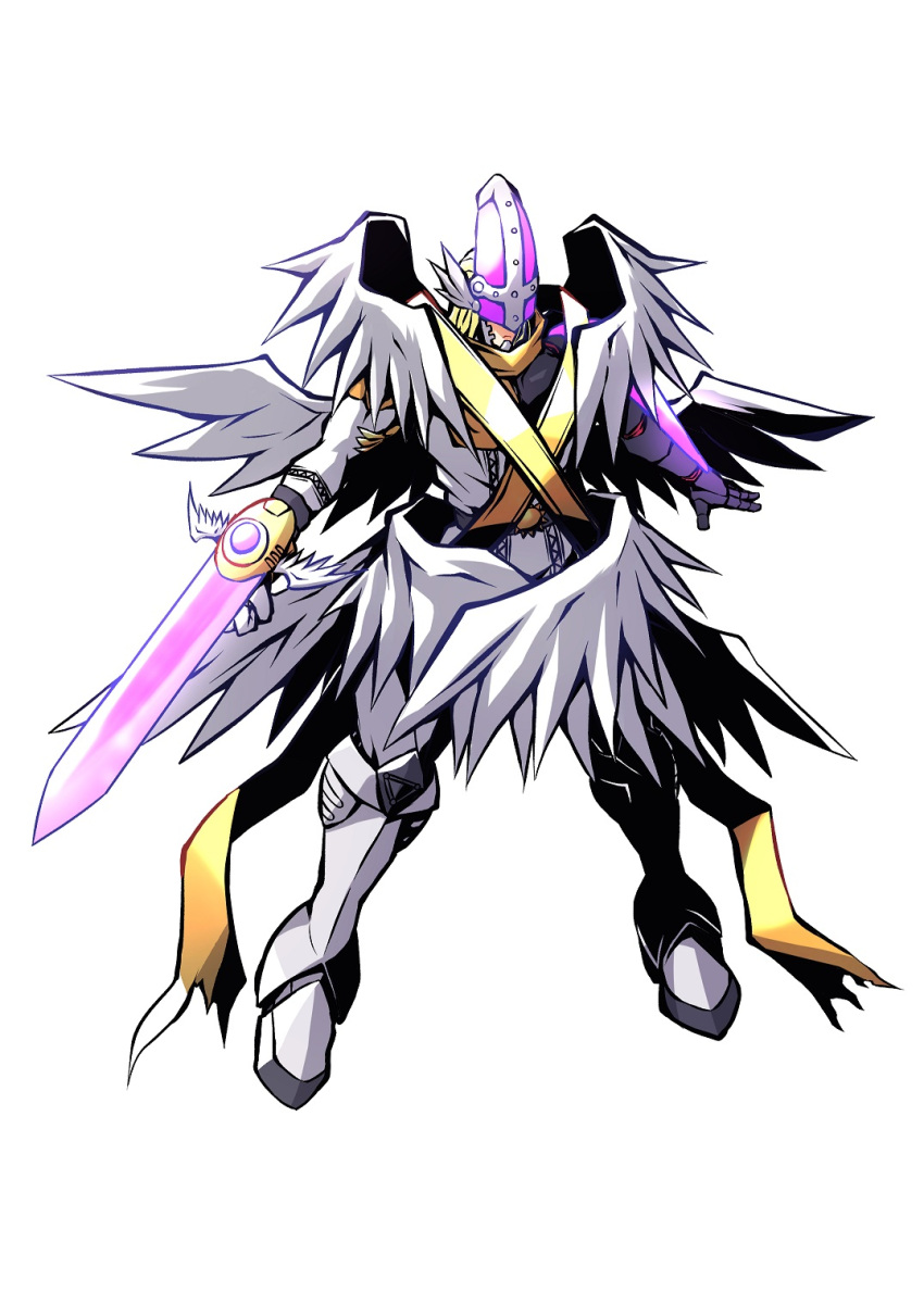 1boy arm_blade armor armored_boots bangs blade blonde_hair boots closed_mouth colored_skin digimon digimon_adventure full_body gauntlets grey_background helmet highres holyangemon knee_boots long_hair male_focus mitosupa_(qsiqydfz7nesh9w) multiple_wings simple_background solo weapon white_skin white_wings wings