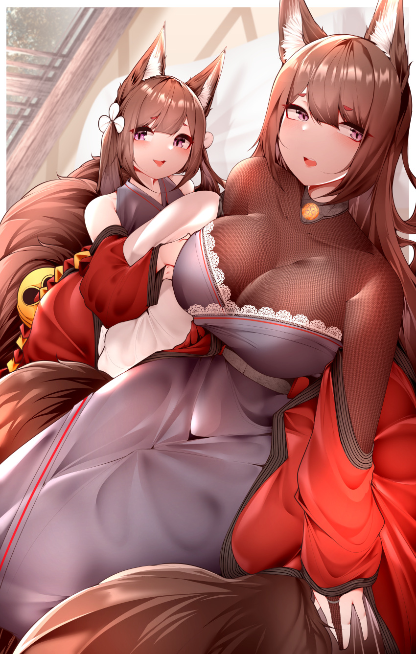 2girls absurdres amagi-chan_(azur_lane) amagi_(azur_lane) animal_ears azur_lane bodystocking breasts bridal_gauntlets brown_hair brown_sash brown_tail cleavage fox_ears fox_girl fox_tail frilled_kimono frills highres japanese_clothes kimono kitsune kyuubi large_breasts long_hair lying multiple_girls multiple_tails off_shoulder purple_eyes rope sakuramon samip shimenawa tail thick_eyebrows twintails younger