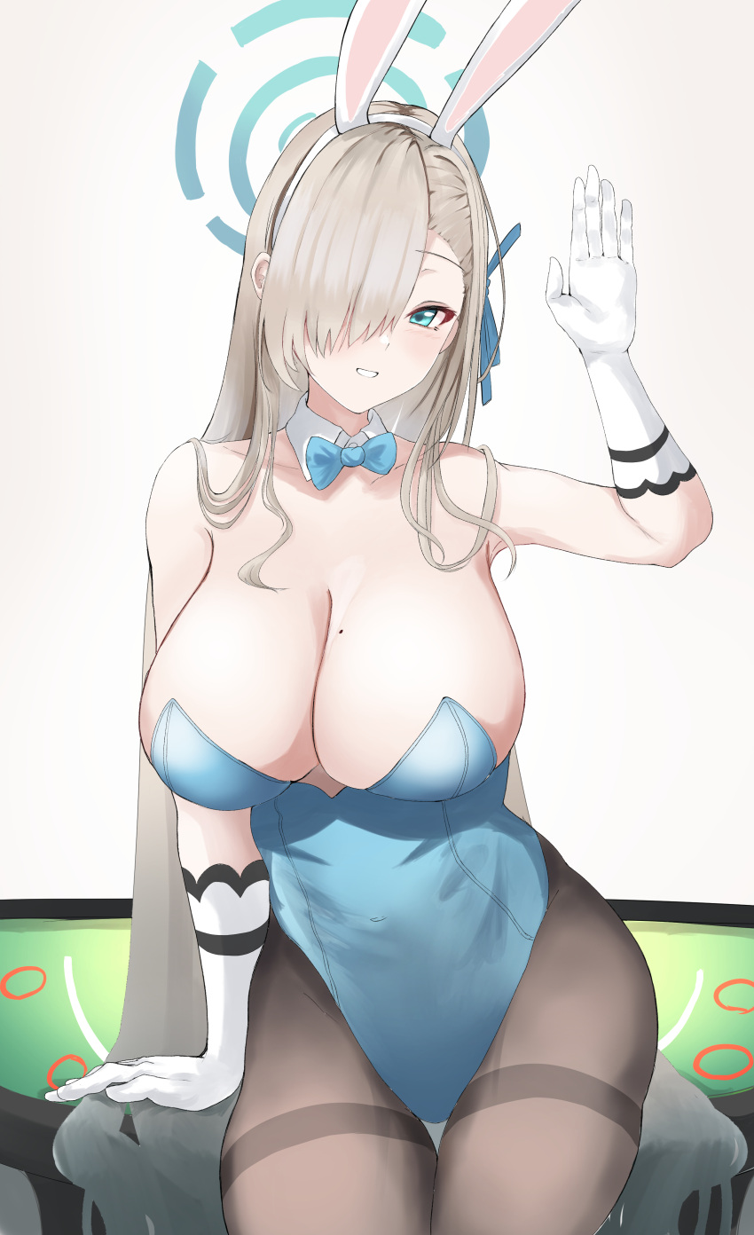 1girl absurdres animal_ears asuna_(blue_archive) asuna_(bunny)_(blue_archive) blue_archive blue_bow blue_bowtie blue_eyes bow bowtie breasts cleavage detached_collar fake_animal_ears gloves hair_over_one_eye hair_ribbon highres large_breasts leotard light_brown_hair long_hair looking_at_viewer mole mole_on_breast negi_seijin official_alternate_costume pantyhose playboy_bunny rabbit_ears ribbon solo traditional_bowtie
