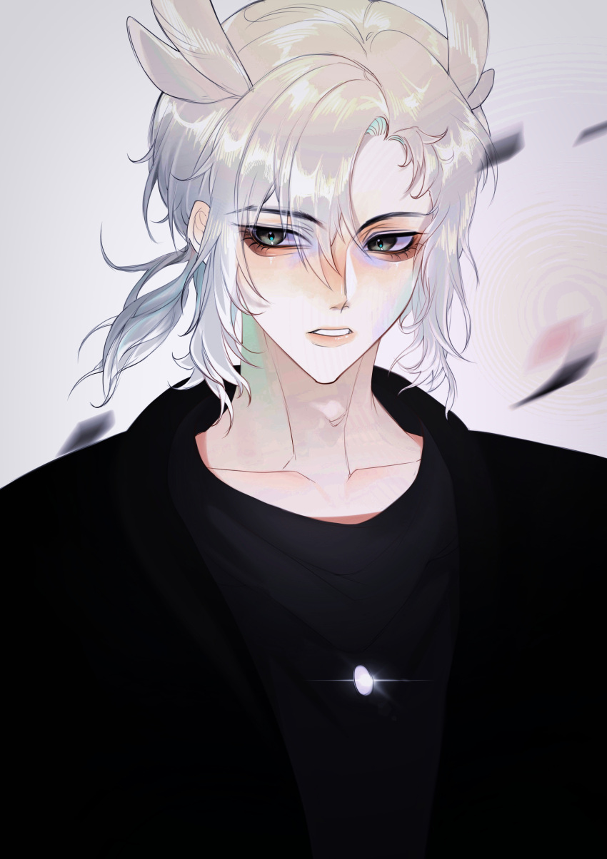 1boy absurdres bai_xiao bishounen grey_hair highres lu87168373 pointy_hair ponytail sky:_children_of_the_light solo upper_body white_hair