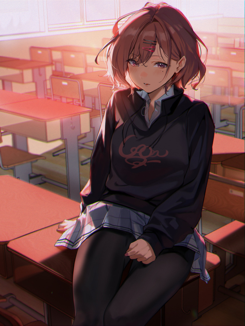 1girl absurdres bangs blush breasts brown_hair hair_ornament hairclip highres higuchi_madoka idolmaster idolmaster_shiny_colors large_breasts long_sleeves looking_at_viewer milin_(orange_maru) mole mole_under_eye open_mouth purple_eyes short_hair skirt solo sweatshirt swept_bangs