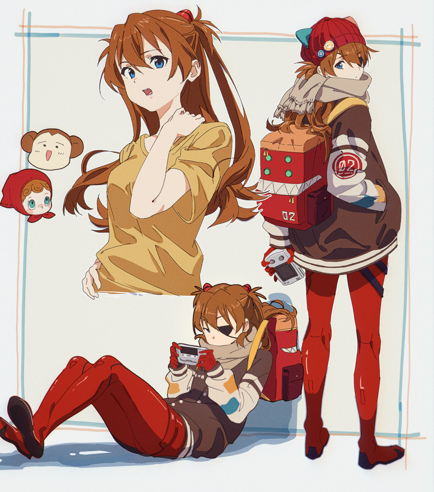 1girl alternate_costume animal_hat bangs blue_eyes bodysuit breasts cat_hat commentary_request crossed_legs eva_02 evangelion:_3.0_you_can_(not)_redo eyepatch full_body game_console hair_ornament hajikkoneko hand_in_pocket hat highres jacket long_hair looking_at_viewer medium_breasts neon_genesis_evangelion plugsuit rebuild_of_evangelion shirt sitting souryuu_asuka_langley yellow_shirt