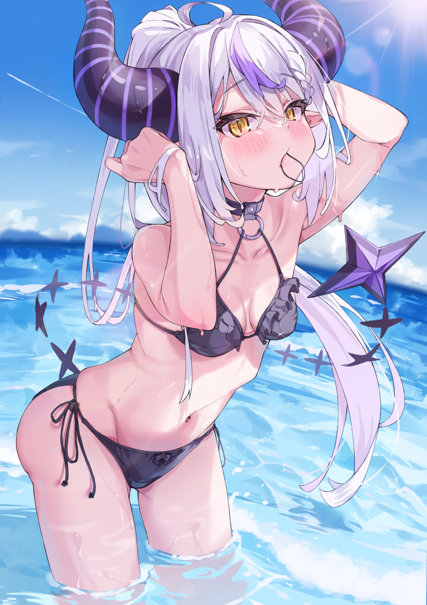 1girl absurdres ass bare_shoulders bikini black_bikini blue_sky blush braid breasts cloud day frills green_tea_(greente42869067) highres hololive horns la+_darknesss looking_at_viewer mouth_hold navel ocean outdoors pointy_ears ponytail purple_hair sky slit_pupils small_breasts solo swimsuit tail virtual_youtuber wading white_hair