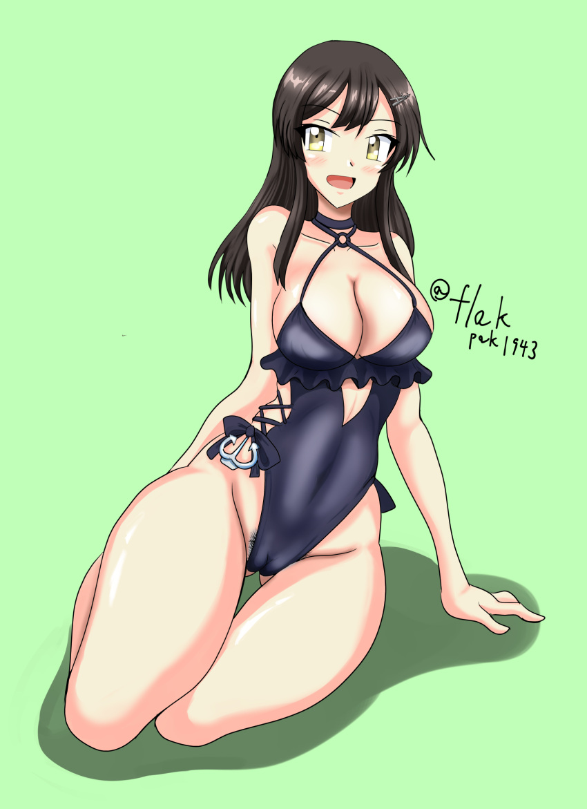 1girl anchor ass_visible_through_thighs black_choker black_hair black_swimsuit breasts cameltoe casual_one-piece_swimsuit choker cleavage commentary_request cosplay covered_navel flak_f2-gata frilled_swimsuit frills green_background hair_ornament hairclip highleg highleg_swimsuit highres kantai_collection large_breasts one-hour_drawing_challenge one-piece_swimsuit oyashio_(kancolle) pubic_hair pubic_hair_peek sagiri_(kancolle) sagiri_(kancolle)_(cosplay) side-tie_swimsuit sitting solo swimsuit yellow_eyes yokozuwari