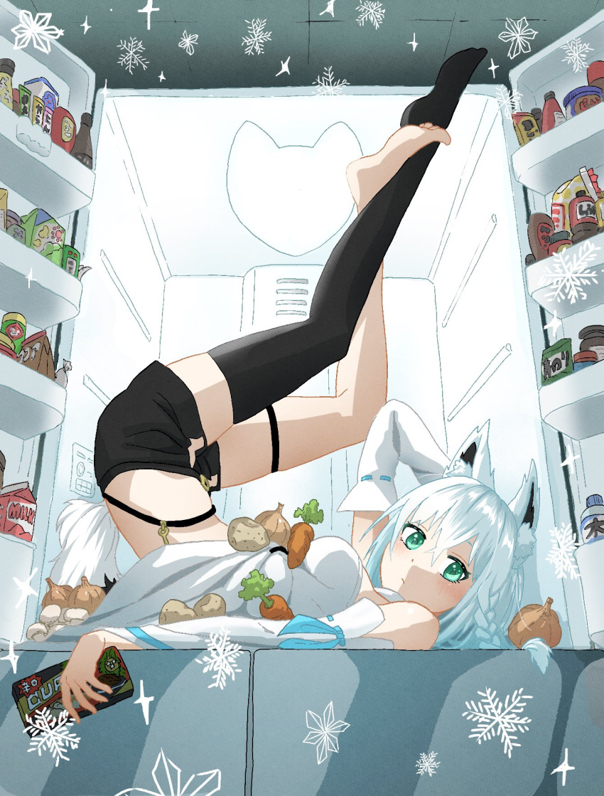 1girl animal_ear_fluff animal_ears arm_up bangs barefoot black_shorts bottle braid breasts carrot closed_mouth commentary_request crossed_bangs crossed_legs detached_sleeves feet fox_ears fox_girl fox_tail from_side full_body garlic green_eyes grey_hair highres holding hololive legs legs_up long_hair long_legs looking_at_viewer looking_to_the_side lying medium_breasts milk_carton no_shoes on_back refrigerator shadow shirakami_fubuki shirt short_shorts shorts side_braid single_thighhigh sleeveless sleeveless_shirt solo tail tauyoshi728 thigh_strap thighhighs toes virtual_youtuber water_bottle white_shirt wolf_girl
