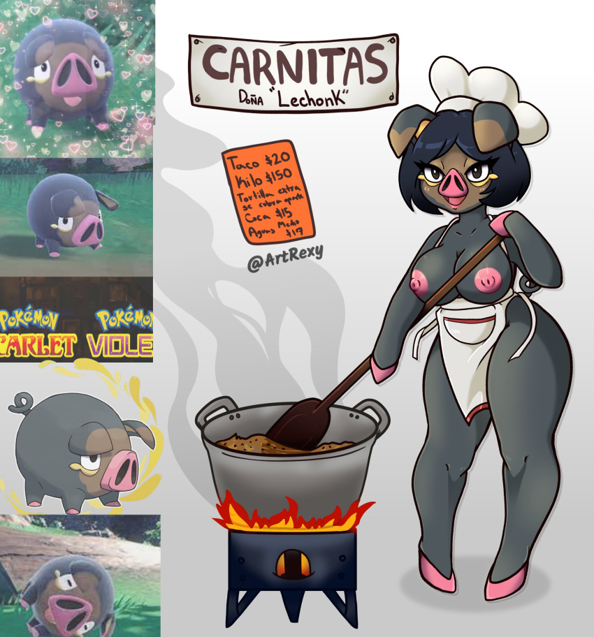anthro anthrofied apron apron_aside apron_only bedroom_eyes black_eyes black_hair breasts chef_hat clothed clothing cooking cooking_pot cutlery exposed_breasts female fire food generation_9_pokemon hair hat headgear headwear hi_res kitchen_utensils lechonk looking_at_viewer mammal menu mostly_nude narrowed_eyes nintendo nipples open_mouth paddle partially_clothed pig_nose pok&eacute;mon pok&eacute;morph pokemon_(species) rexy_art seductive shadow sign simple_background smoke solo spanish_text spoon stirring suid suina sus_(pig) text tools video_games white_background