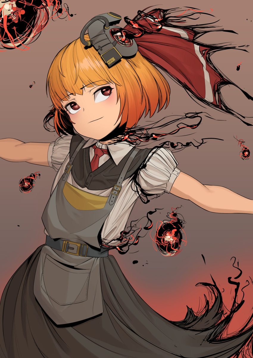 1girl absurdres alternate_costume apron belt belt_buckle blonde_hair buckle collared_shirt cropped_legs darkness glowing hair_ribbon highres long_skirt looking_away looking_to_the_side necktie outstretched_arms puffy_short_sleeves puffy_sleeves red_eyes red_necktie red_ribbon ribbon rumia shirt short_hair short_sleeves simple_background skirt solo spread_arms the_robot_boy touhou white_shirt