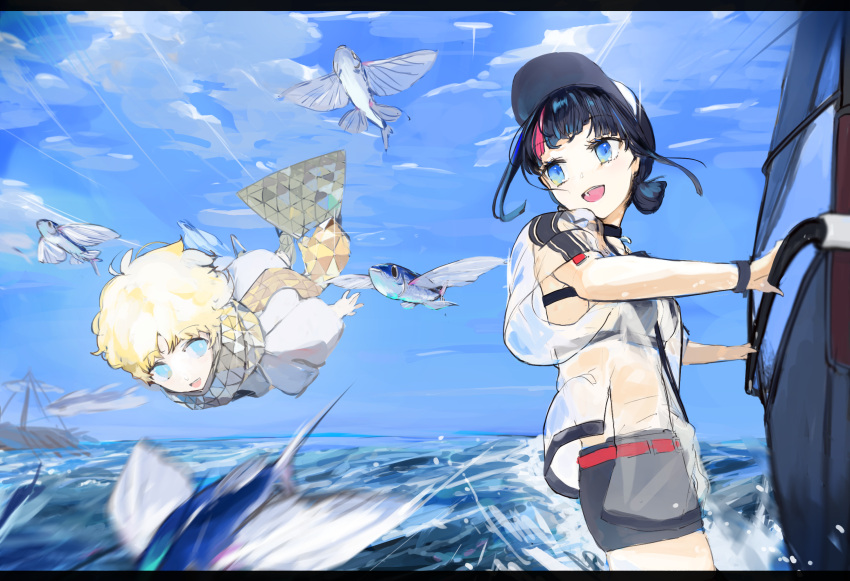 1boy 1girl baggy_clothes bangs bare_shoulders baseball_cap bikini bikini_under_clothes black_bikini black_hair black_shorts blue_eyes blue_sky breasts choker collarbone fate/grand_order fate_(series) fish flying flying_fish hat highres low_twintails medium_breasts medium_hair multicolored_hair ocean off-shoulder_shirt off_shoulder open_mouth pink_hair scarf see-through shirt short_hair short_shorts short_sleeves short_twintails shorts sidelocks sky smile streaked_hair surfboard swimsuit twintails utsumi_erice utsumi_erice_(swimsuit_avenger)_(fate) voyager_(fate) white_headwear white_shirt windsurfing yellow_scarf yorurokujuu