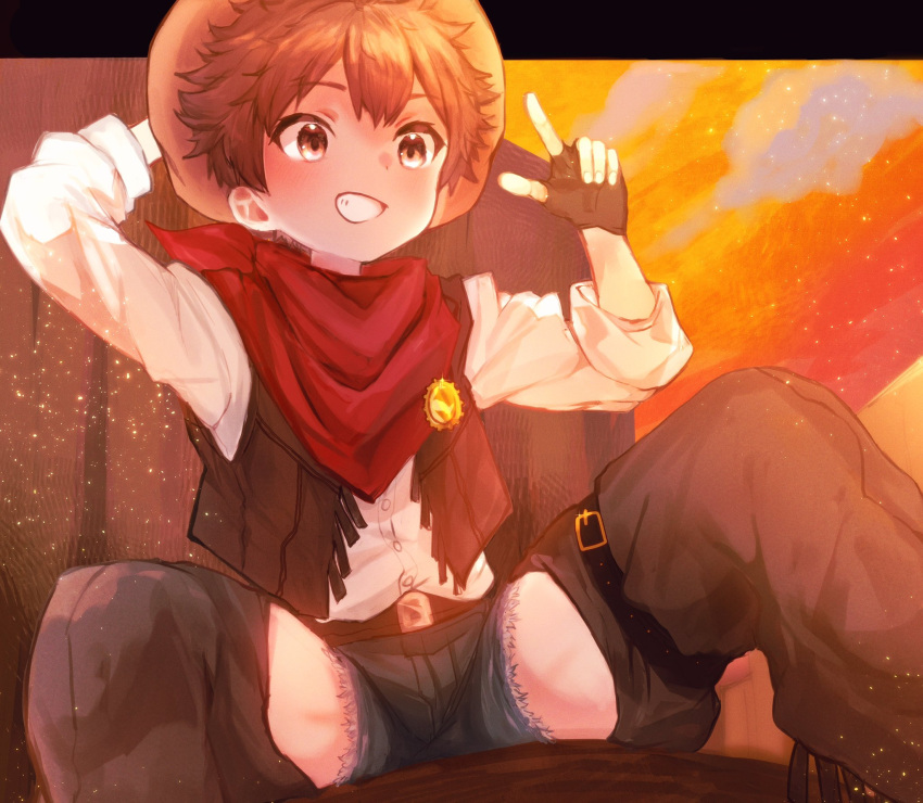 1boy belt brown_hair child cloud cloudy_sky commentary_request commission cowboy cowboy_hat cowboy_western fingerless_gloves gloves hat highres looking_at_viewer male_child male_focus mountainous_horizon orange_sky original satoe short_hair sitting skeb_commission sky smile solo teeth