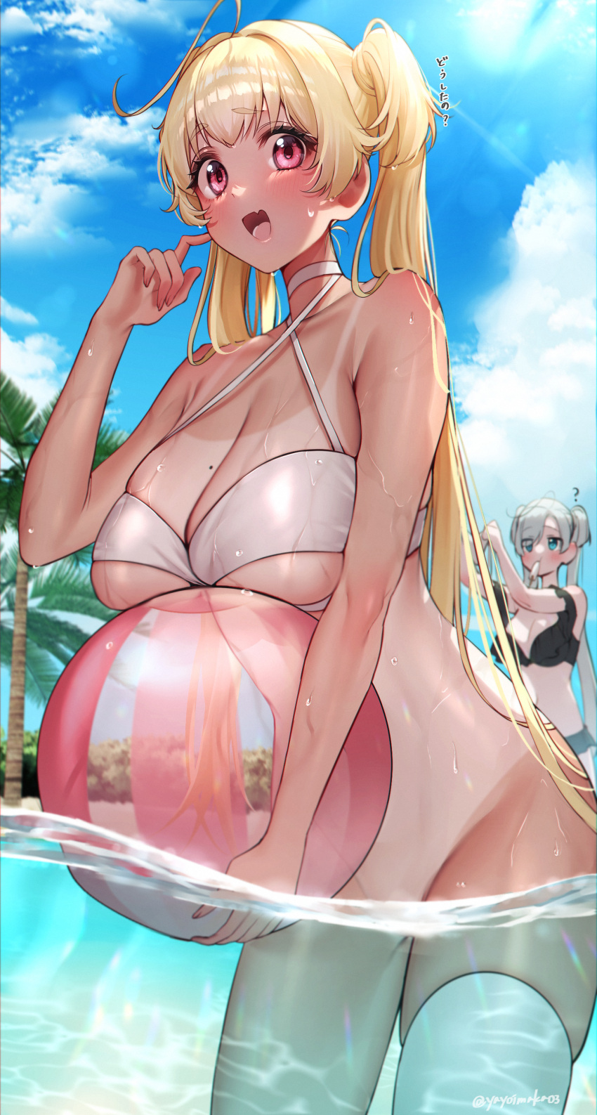 2girls :d absurdres ahoge ball bangs beach beachball bikini bikini_top_only black_bikini blonde_hair blue_eyes blue_sky blush bottomless breasts choker cleavage cloud cowboy_shot criss-cross_halter eve_(yayoi_maka) fang grey_hair halterneck highres holding holding_ball holding_beachball long_hair looking_at_viewer minase_alice_(yayoi_maka) mole mole_on_breast multiple_girls one-piece_tan original palm_tree partially_underwater_shot pink_eyes popsicle_in_mouth single_thighhigh skin_fang skindentation sky smile solo_focus swimsuit tan tanlines thick_eyebrows thighhighs tree twintails underboob very_long_hair wading water wet wet_clothes wet_swimsuit white_bikini white_choker white_thighhighs yayoi_maka