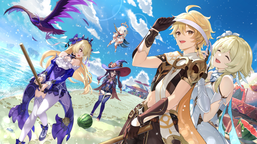 1boy 4girls :i ^_^ absurdres aether_(genshin_impact) ahoge asymmetrical_legwear bangs beach bird black_cape black_gloves black_hair black_pants black_ribbon black_shirt blindfold blindfold_lift blonde_hair blue_cape blue_headwear blue_leotard blue_sky blue_thighhighs bow braid braided_ponytail cape closed_eyes commentary_request crab crescent crop_top crow crown day detached_sleeves dress dutch_angle earrings eating eyelashes eyepatch fischl_(ein_immernachtstraum)_(genshin_impact) fischl_(genshin_impact) fish floating floating_hair flower food footprints frilled_dress frilled_sleeves frills fruit genshin_impact gloves gold_trim green_eyes grilled_fish hair_between_eyes hair_bow hair_flower hair_ornament hair_over_one_eye hair_ribbon halo hand_up hands_up happy hat hat_ornament highres holding holding_stick island jewelry juliet_sleeves kokuusinsin lens_flare leotard light_particles long_hair long_sleeves looking_at_viewer looking_back lumine_(genshin_impact) midriff mona_(genshin_impact) mona_(pact_of_stars_and_moon)_(genshin_impact) mountain multiple_girls navel ocean official_alternate_costume one_eye_covered open_mouth outdoors oz_(genshin_impact) paimon_(genshin_impact) pants pantyhose partially_fingerless_gloves puffy_sleeves purple_bow purple_dress purple_sleeves red_cape ribbon sand scarf shirt short_hair_with_long_locks short_sleeves sidelocks single_braid single_earring single_leg_pantyhose single_thighhigh skewer sky sleeveless sleeveless_dress smile standing star_(symbol) star_print stick stomach suikawari teeth thighhighs tiara tree twintails two-sided_cape two-sided_fabric upper_teeth vambraces water watermelon watermelon_slice white_dress white_flower white_hair white_pantyhose white_scarf white_thighhighs witch_hat yellow_cape yellow_eyes