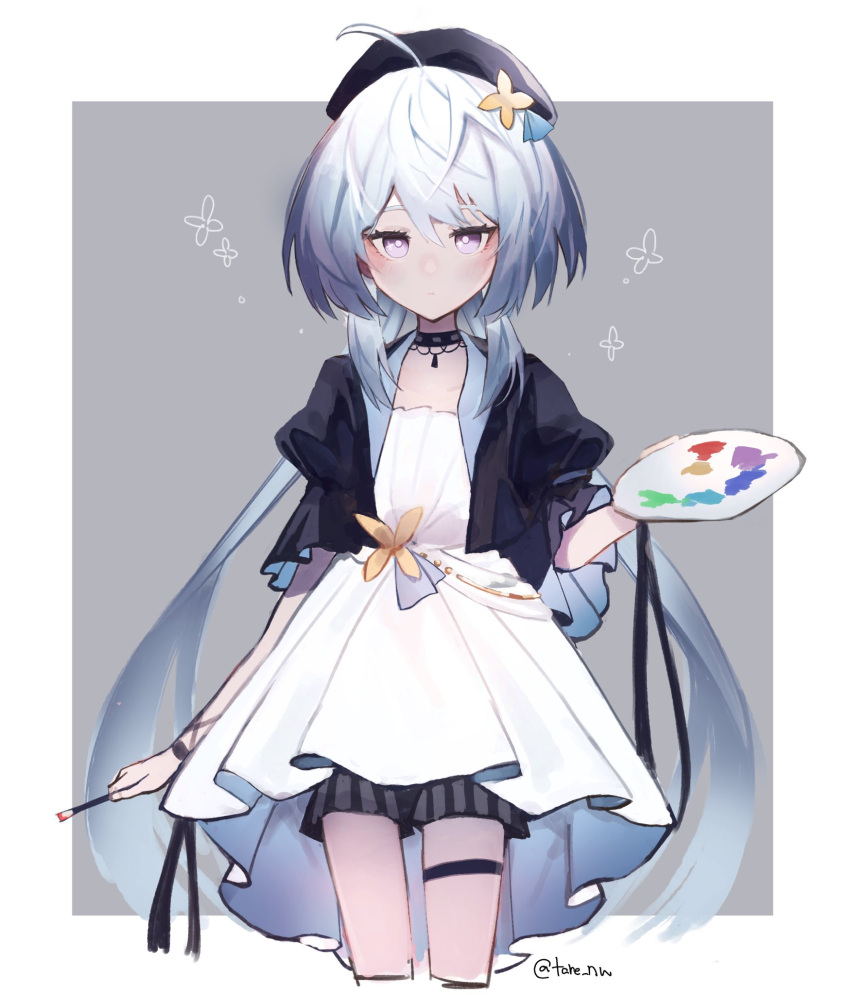 1girl ahoge bangs beret black_choker black_headwear black_jacket choker closed_mouth commentary_request cropped_legs dress flower grey_background grey_hair griseo hair_between_eyes hair_flower hair_ornament hat highres holding holding_paintbrush honkai_(series) honkai_impact_3rd jacket long_hair looking_at_viewer low_twintails paintbrush palette_(object) puffy_short_sleeves puffy_sleeves purple_eyes short_sleeves solo striped tare_(tonikaku_magaru) thigh_strap twintails twitter_username two-tone_background vertical_stripes very_long_hair white_background white_dress yellow_flower