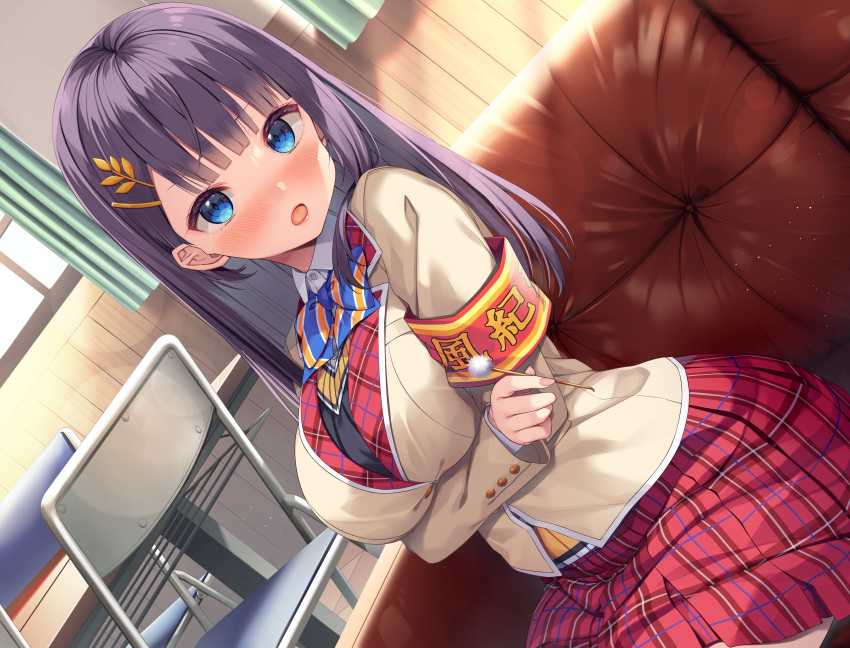1girl :o absurdres armband arms_under_breasts asa_no_ha_(awayuki) bangs blue_eyes blunt_bangs blush breasts brown_jacket chair collared_shirt couch curtains dutch_angle folding_chair hair_ornament highres indoors jacket large_breasts leaf_hair_ornament long_hair looking_at_viewer mimikaki non-web_source open_mouth original plaid plaid_skirt pleated_skirt purple_hair red_skirt school_uniform shirt sitting skirt solo table white_shirt window