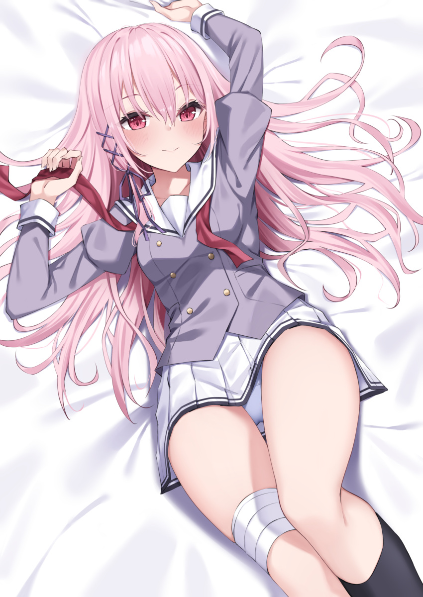 1girl absurdres arms_up bandaged_leg bandages black_socks blush breasts closed_mouth engage_kiss feet_out_of_frame from_above hair_ornament highres kisara_(engage_kiss) long_hair long_sleeves looking_at_viewer lying panties pantyshot pink_eyes pink_hair pleated_skirt sailor_collar school_uniform serafuku shikapiro shirt skirt small_breasts smile socks solo underwear white_panties white_sailor_collar white_skirt x_hair_ornament