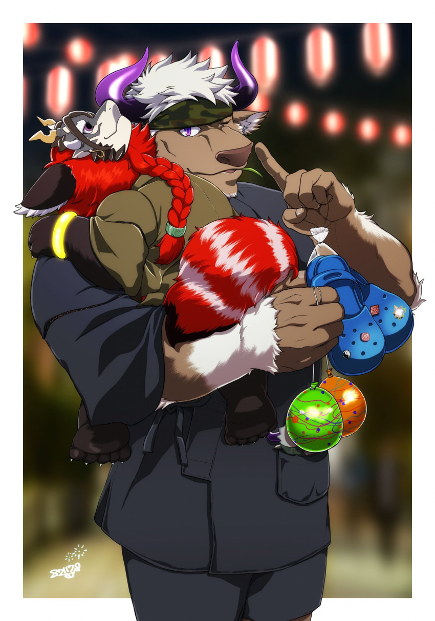 2boys alternate_costume animal_ears bara blue_kimono blurry blurry_background border braid brown_fur camouflage camouflage_headwear carrying carrying_person commentary cow_ears cow_horns facial_hair finger_to_mouth furry furry_male fuxi_(housamo) glowstick goatee green_kimono headband highres holding holding_shoes horns japanese_clothes kimono lantern leaf male_focus minotaur mouth_hold multiple_boys muscular muscular_male outside_border purple_eyes purple_horns red_panda_boy red_panda_ears red_panda_tail shennong_(housamo) shoes shoes_removed shushing stalk_in_mouth symbol-only_commentary tokyo_afterschool_summoners water_yoyo white_border white_hair yanai_inaya zhurong_(housamo)