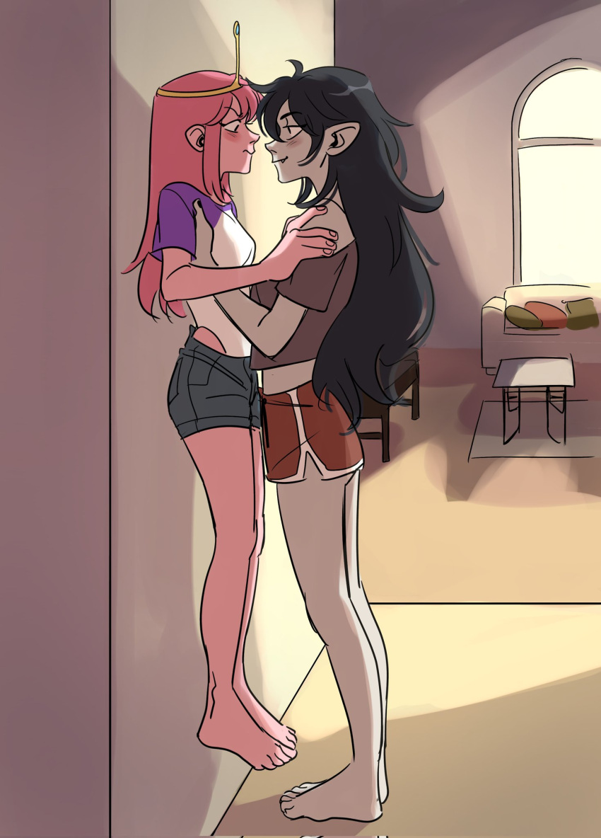 2girls adventure_time against_wall black_hair blush closed_mouth clothes_lift colored_skin eye_contact feet height_difference highres imsteli lauren_phillips_lifting_alice_merchesi_(meme) long_hair looking_at_another marceline_abadeer medium_hair meme multiple_girls pink_hair pink_skin pointy_ears princess_bonnibel_bubblegum skirt skirt_lift tiara toes yuri