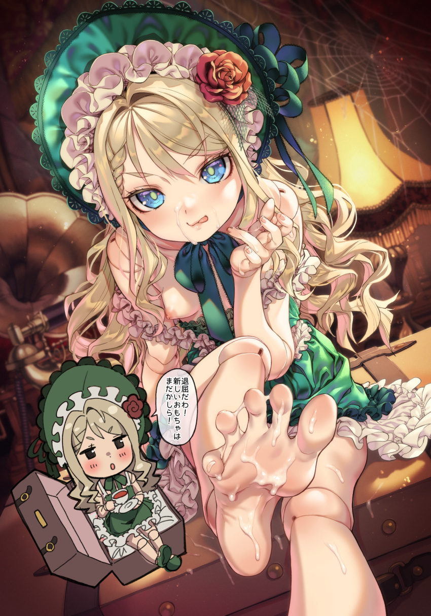 1girl :o :q bare_shoulders blonde_hair blue_eyes blush bonnet braid braided_bangs breasts chibi chibi_inset cum cum_on_body cum_on_feet cup doll doll_joints dress facial feet flower foot_focus foot_out_of_frame frilled_bonnet frilled_dress frills green_dress green_pupils green_ribbon highres joints kink_(tortoiseshell) lamp licking_lips lolita_fashion long_hair looking_at_viewer multiple_views neck_ribbon off_shoulder original phonograph ribbon saucer silk sitting small_breasts smile soles solo spider_web suitcase teacup toes tongue tongue_out towako_(akane_shinsha) translation_request wavy_hair