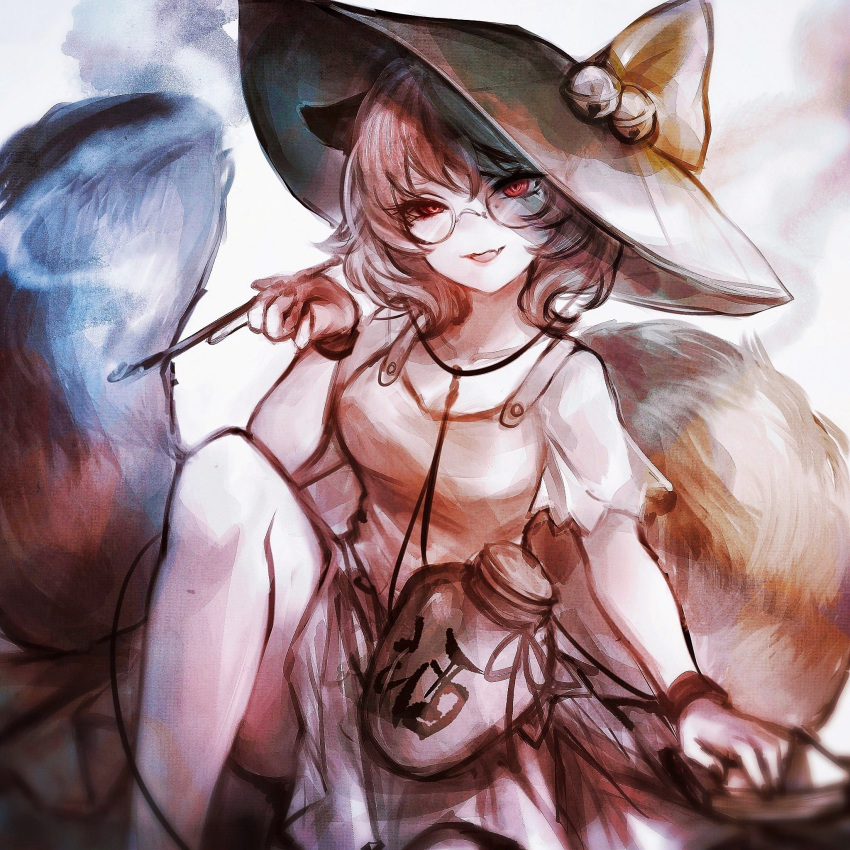 1girl :d animal_ears brown_hair fang feet_out_of_frame futatsuiwa_mamizou glasses hat highres holding holding_smoking_pipe kiseru kyogoku-uru leaf leaf_on_head raccoon_ears raccoon_tail simple_background skin_fang smile smoking_pipe tail touhou white_background