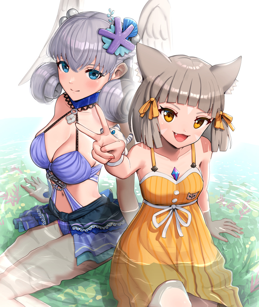 2girls absurdres animal_ears bikini blue_eyes breasts cat_ears character_doll chest_jewel cleavage curly_hair dress dress_swimsuit dromarch_(xenoblade) facial_tattoo fang gonzarez grey_hair hair_ornament hair_ribbon head_wings highres legs_together light_blush looking_at_viewer melia_antiqua melia_antiqua_(resort_style) multiple_girls navel nia_(fancy_sundress)_(xenoblade) nia_(xenoblade) official_alternate_costume open_mouth partially_submerged ribbon ripples short_hair sitting smile stomach sundress swimsuit tattoo thighs v water xenoblade_chronicles_(series) xenoblade_chronicles_1 xenoblade_chronicles_2 yellow_eyes