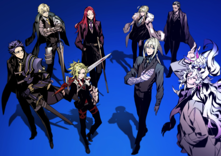 2girls 6+boys absurdres agravain_(fate) artoria_pendragon_(fate) artoria_pendragon_(lancer)_(fate) bedivere_(fate) blonde_hair coat coat_on_shoulders dress_shirt fate/grand_order fate_(series) formal fou_(fate) full_body fur-trimmed_jacket fur_trim gawain_(fate) gradient gradient_background highres holding holding_sword holding_weapon jacket knights_of_the_round_table_(fate) lancelot_(fate/grand_order) long_hair looking_at_viewer merlin_(fate) miwa_shirow mordred_(fate) mordred_(fate/apocrypha) multiple_boys multiple_girls necktie ponytail purple_hair red_hair shirt short_hair simple_background standing suit sword tristan_(fate) weapon white_hair