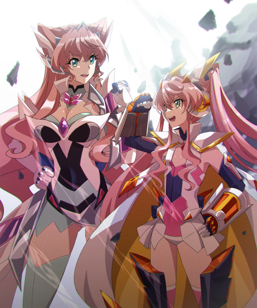 2girls armor blue_eyes blurry blurry_background breasts cape cleavage clothing_cutout covered_navel elbow_gloves flat_chest gauntlets gloves hand_on_hip hand_up headgear height_difference highres leotard long_hair looking_at_another maria_cadenzavna_eve medium_breasts multiple_girls open_mouth pauldrons pink_hair rhapsode senki_zesshou_symphogear shoulder_armor standing symphogear_pendant thighhighs time_paradox twintails very_long_hair younger