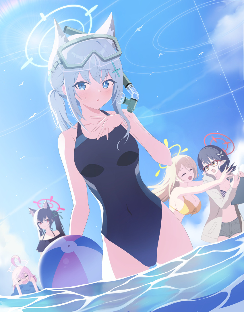 absurdres ahoge akira_(aristole) animal_ear_fluff animal_ears ayane_(blue_archive) ayane_(swimsuit)_(blue_archive) bangs bikini bikini_top_only black_bikini black_hair black_swimsuit blue_archive blue_eyes breasts cat_ears competition_swimsuit cross_hair_ornament extra_ears flower frilled_bikini frills front-tie_bikini front-tie_top grey_hair hair_flower hair_ornament hair_ribbon halo highres hoshino_(blue_archive) hoshino_(swimsuit)_(blue_archive) inflatable_toy inflatable_whale jacket large_breasts light_brown_hair long_hair low_twintails medium_hair mismatched_pupils multicolored_clothes multicolored_swimsuit nonomi_(blue_archive) nonomi_(swimsuit)_(blue_archive) official_alternate_costume one-piece_swimsuit pink_hair pointy_ears ponytail red-framed_eyewear red_eyes ribbon serika_(blue_archive) serika_(swimsuit)_(blue_archive) shiroko_(blue_archive) shiroko_(swimsuit)_(blue_archive) short_hair short_shorts shorts striped striped_bikini swept_bangs swimsuit twintails two-tone_swimsuit white_jacket wolf_ears yellow_bikini yellow_eyes
