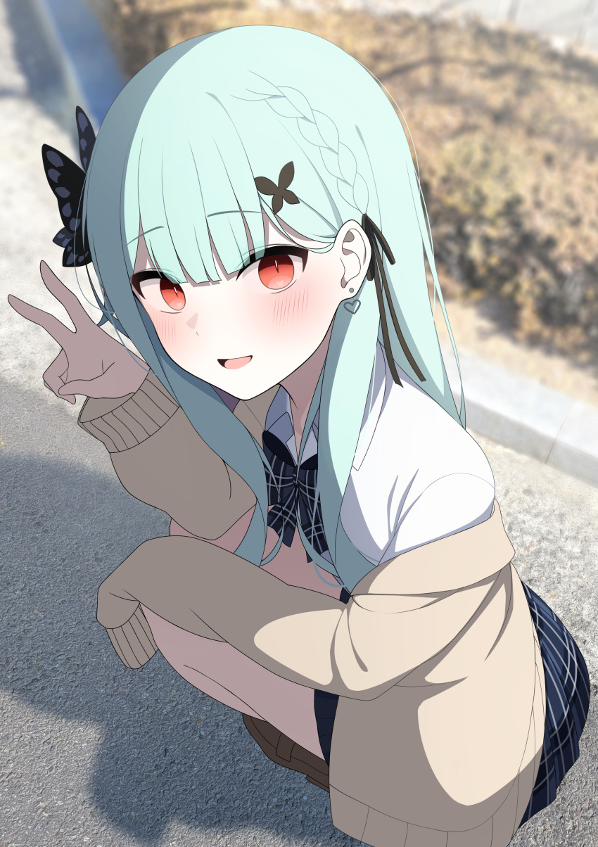 1girl :d absurdres aqua_hair bangs blunt_bangs blush braid cardigan earrings hair_ornament highres hololive jewelry karou_(lhscck302) loafers long_hair looking_at_viewer neck_ribbon off_shoulder open_mouth photo_background red_eyes ribbon school_uniform shoes skirt sleeves_past_wrists smile solo squatting uruha_rushia virtual_youtuber
