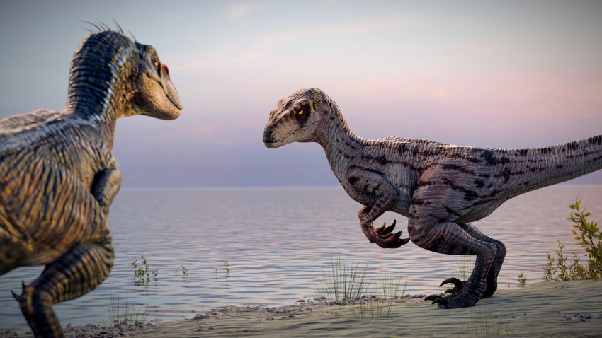 16:9 3d_(artwork) 4k absurd_res beach claws detailed_background digital_media_(artwork) dinosaur dromaeosaurid duo eye_contact female female_(lore) feral grass hi_res ivorylagiacrus jurassic_park looking_at_another looking_at_partner male male_(lore) outside plant reptile sand scales scalie sea seaside sky theropod universal_studios velociraptor water widescreen yellow_eyes