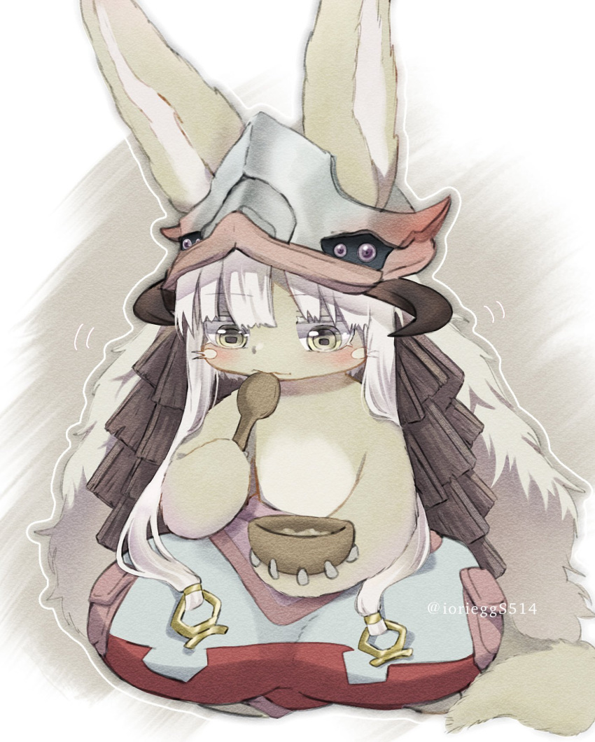 1girl 1other androgynous animal_ears animal_hands bowl brown_fur child commentary_request ears_through_headwear eating fake_horns food furry helmet highres holding holding_bowl holding_spoon horizontal_pupils horned_helmet horns iorieggs514 made_in_abyss nanachi_(made_in_abyss) on_ground other_focus pants puffy_pants simple_background sitting spoon topless twitter_username whiskers white_hair wooden_bowl wooden_spoon yellow_eyes