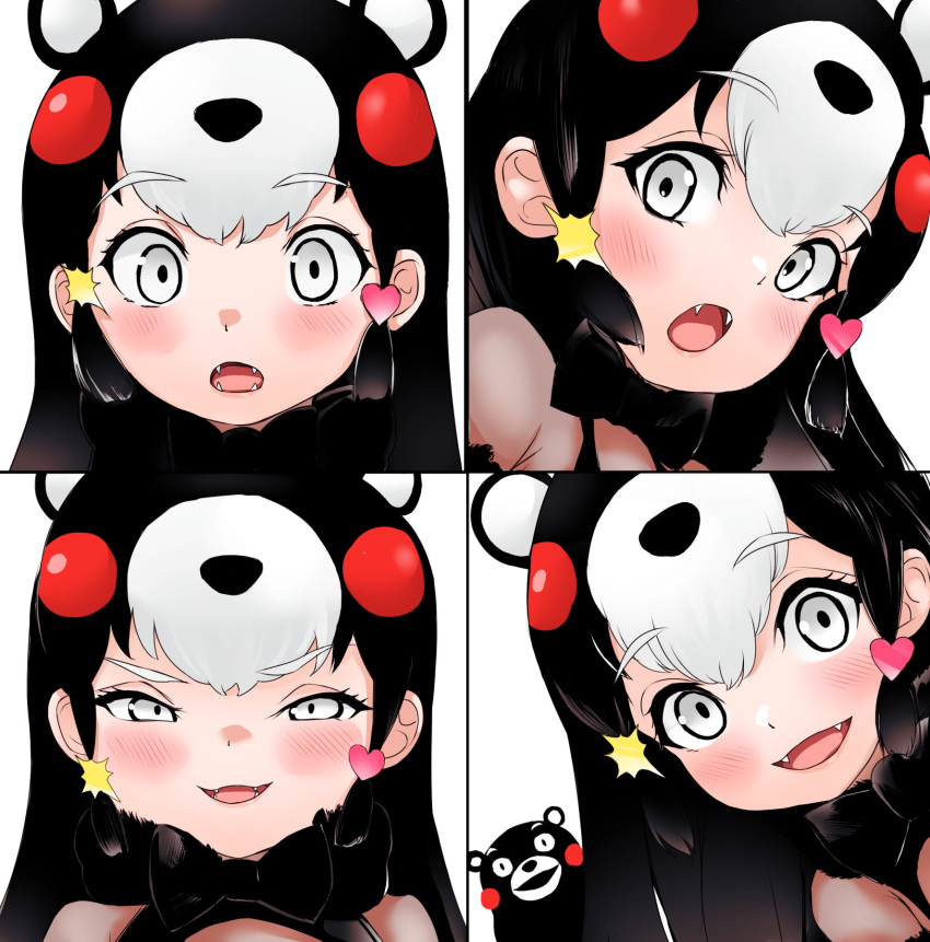 1girl akegata_tobari animal_ears bear_ears bear_girl black_bow black_bowtie black_dress black_hair blush bow bowtie chibi_kumamon_(kemono_friends) commentary_request dress extra_ears fangs grey_eyes hair_ornament heart heart_hair_ornament highres kemono_friends kumamon long_hair multicolored_hair multiple_views open_mouth red_hair see-through sidelocks smile star_(symbol) star_hair_ornament white_hair