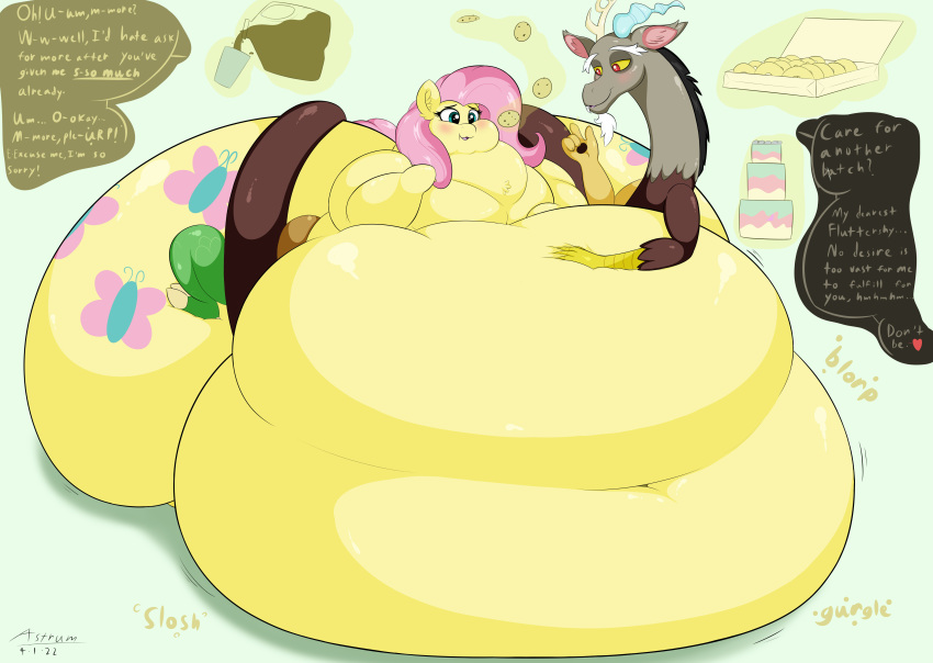 4_fingers absurd_res anthro antlers astrum_(artist) belly beverage big_belly blush brown_body cake chimera container cookie cup cutie_mark dessert discord_(mlp) doughnut draconequus duo english_text equid equine feeding female feral fingers fluttershy_(mlp) food friendship_is_magic hair half-closed_eyes hasbro hi_res horn horse hyper hyper_belly male mammal my_little_pony narrowed_eyes navel obese obese_female obese_feral overweight overweight_female overweight_feral pink_hair pony red_eyes sound_effects text yellow_body yellow_sclera