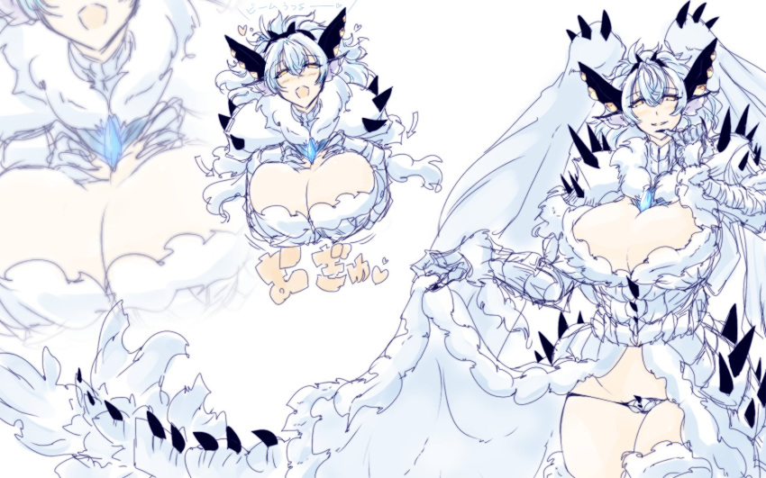 1girl blue_hair breast_press breast_squeeze breasts cleavage coat dandara_(karakure) fur-trimmed_coat fur_trim highres large_breasts long_hair monster_hunter:_world monster_hunter_(series) open_clothes open_coat panties personification smile solo underwear v_arms white_coat xeno'jiiva yellow_eyes zoom_layer