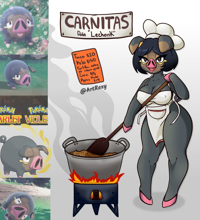 anthro anthrofied apron apron_only bedroom_eyes black_eyes black_hair breasts chef_hat cleavage clothed clothing cooking cooking_pot cutlery female fire food generation_9_pokemon hair hat headgear headwear hi_res kitchen_utensils lechonk looking_at_viewer mammal menu mostly_nude narrowed_eyes nintendo nipple_outline open_mouth paddle pig_nose pok&eacute;mon pok&eacute;morph pokemon_(species) rexy_art screencap seductive shadow sign simple_background smoke solo spanish_text spoon stirring suid suina sus_(pig) text tools video_games white_background