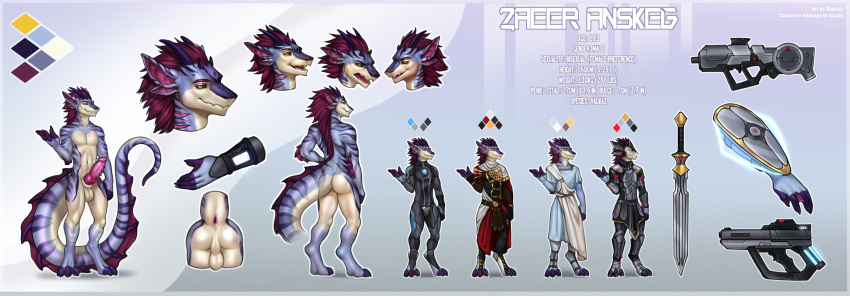 2022 3_toes 4_fingers anthro anus balls clothed clothing digital_media_(artwork) dragon feet fingers genitals gun hi_res male melee_weapon miosha model_sheet open_mouth penis ranged_weapon solo spines sword teeth toes tongue weapon wingless_dragon