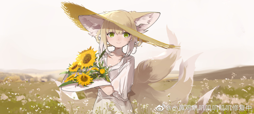 1girl arknights blonde_hair flower green_eyes hat highres holding holding_flower looking_at_viewer multiple_tails shinnasuka025 solo standing sunflower suzuran_(arknights) tail