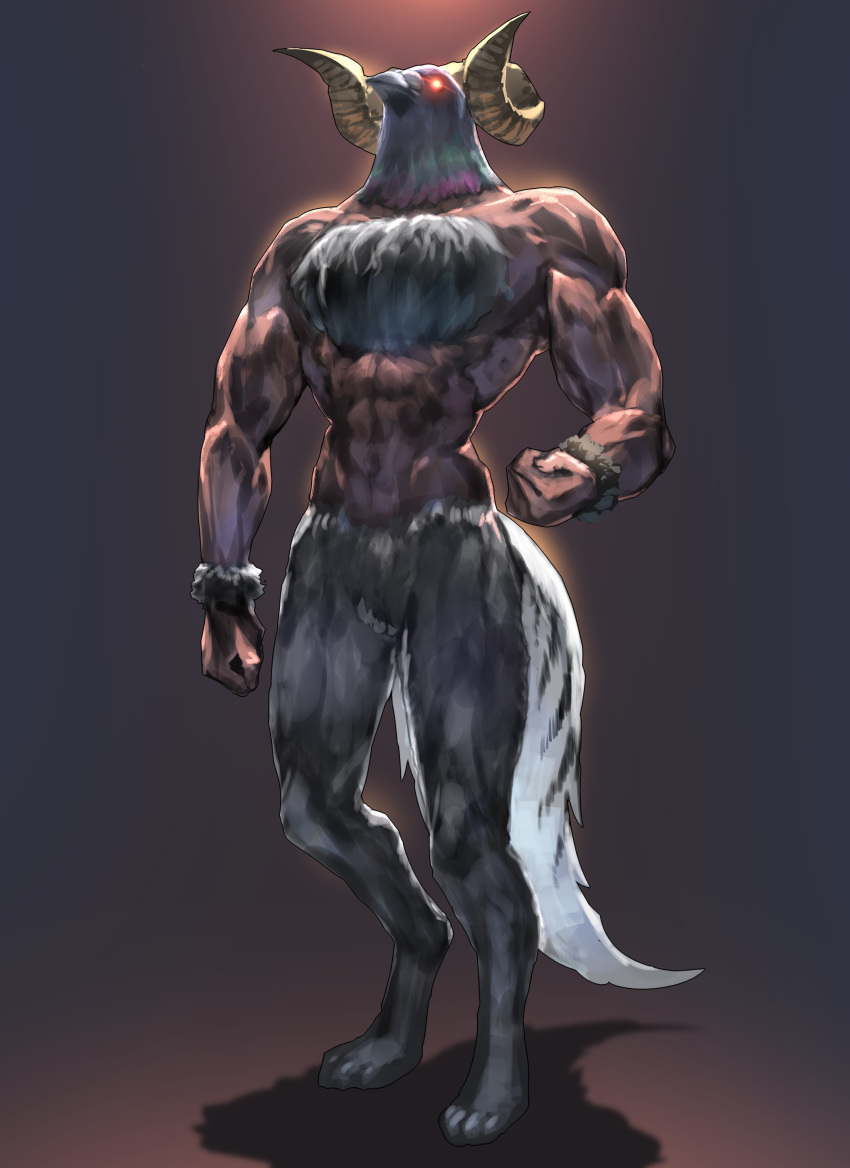 absurdres animal_head bird chest_hair chimerism commentary curled_horns dark_background fusion glowing glowing_eyes hatotauros highres hololive horns izumi_sai minotaur mouflon_horns muscle pigeon red_eyes sheep_horns solo tail virtual_youtuber wolf_legs wolf_tail wrist_cuffs